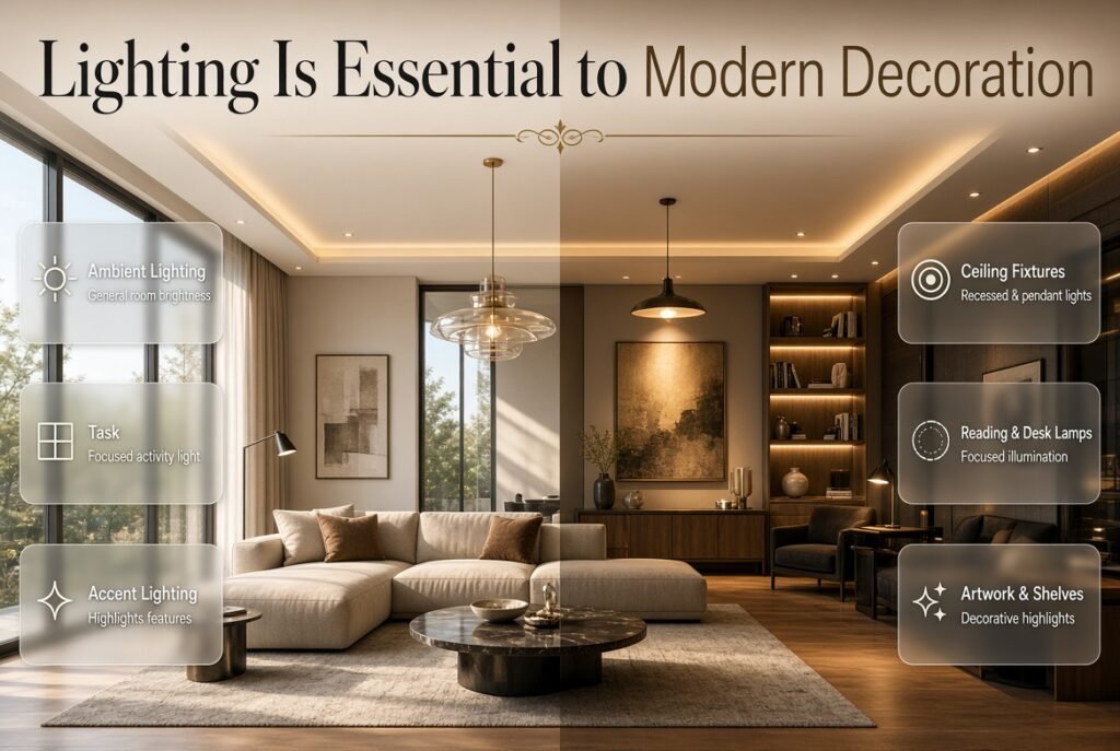 Modern interior with layered ambient, task, and accent lighting creating a flexible atmosphere for daytime and evening decoration.