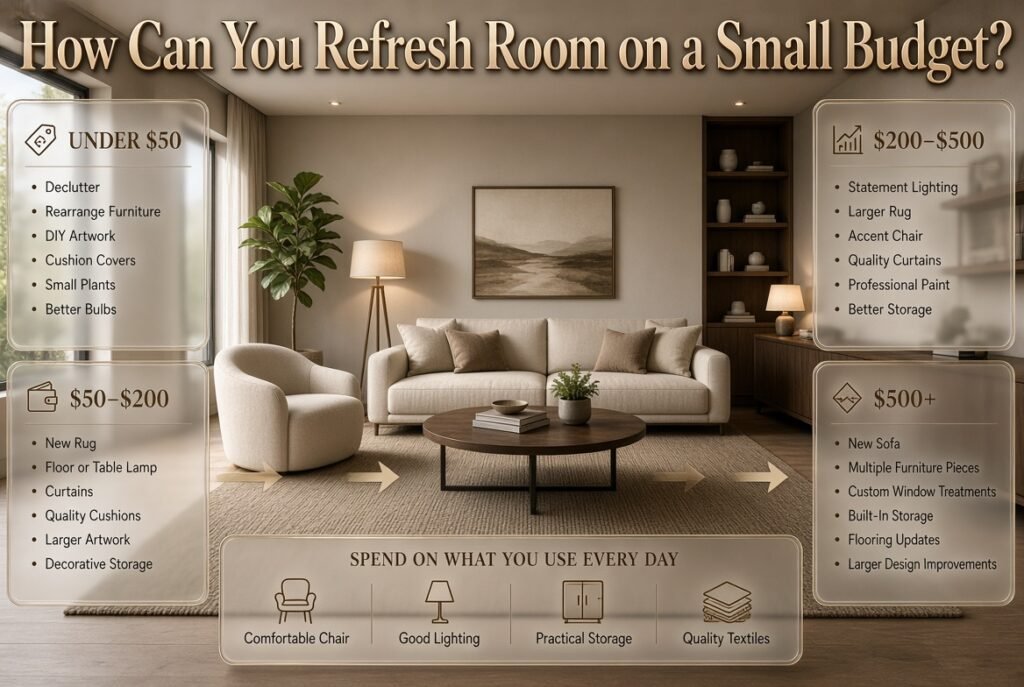 Small-budget room refresh with affordable decor, lighting, textiles, rugs, paint, storage, and smart furniture upgrades for any home