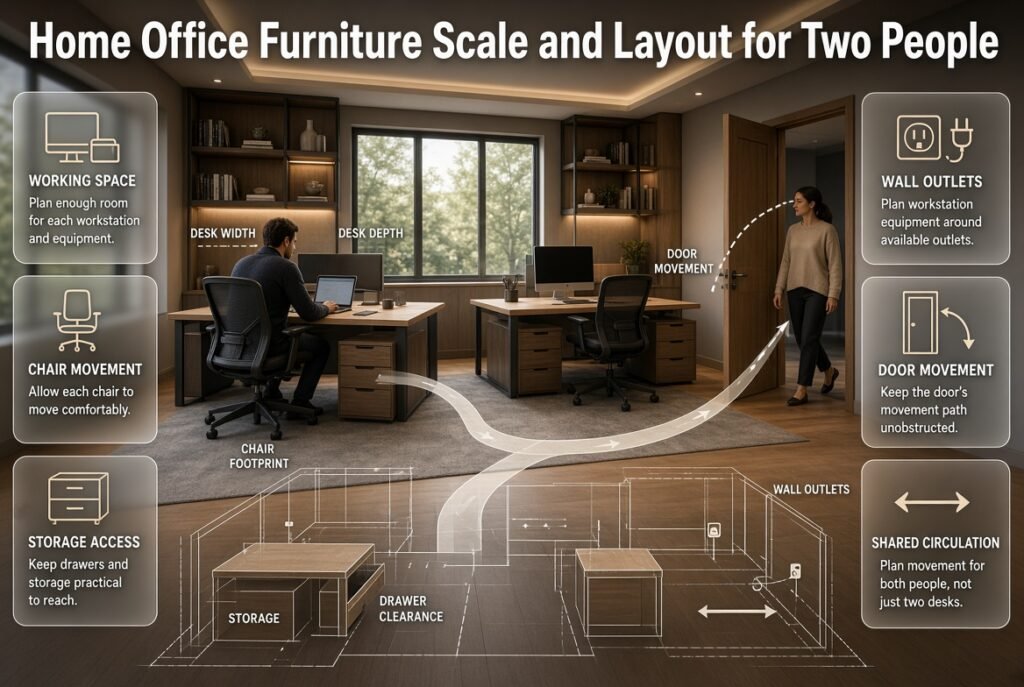 Home office layout for two people showing desk depth, chair movement, storage, outlets, door clearance, and shared circulation.