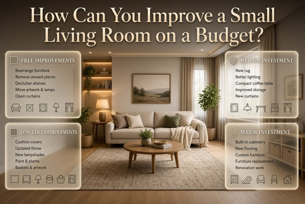 Small living room makeover on a budget showing free, low-cost, medium, and major upgrades with stylish space-saving ideas