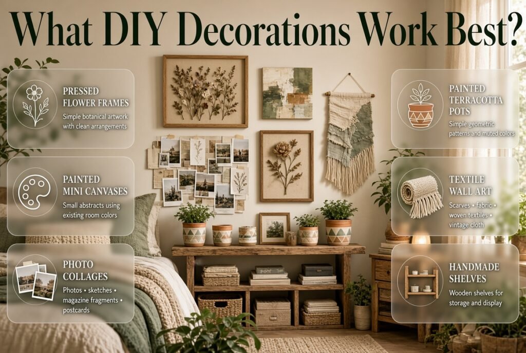 DIY art hoe bedroom decor featuring pressed flower frames, mini canvases, photo collages, painted pots, and textile wall art.