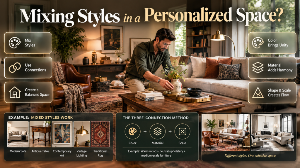 Man arranging mixed interior styles with modern furniture, antique wood, vintage lighting, traditional rugs, color, material, and scale.