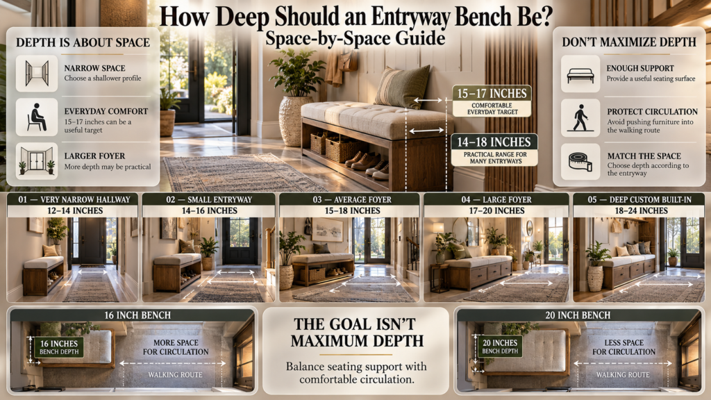 Entryway bench depth guide comparing 12–24 inch seating options for narrow hallways, small entryways, foyers, and built-ins.