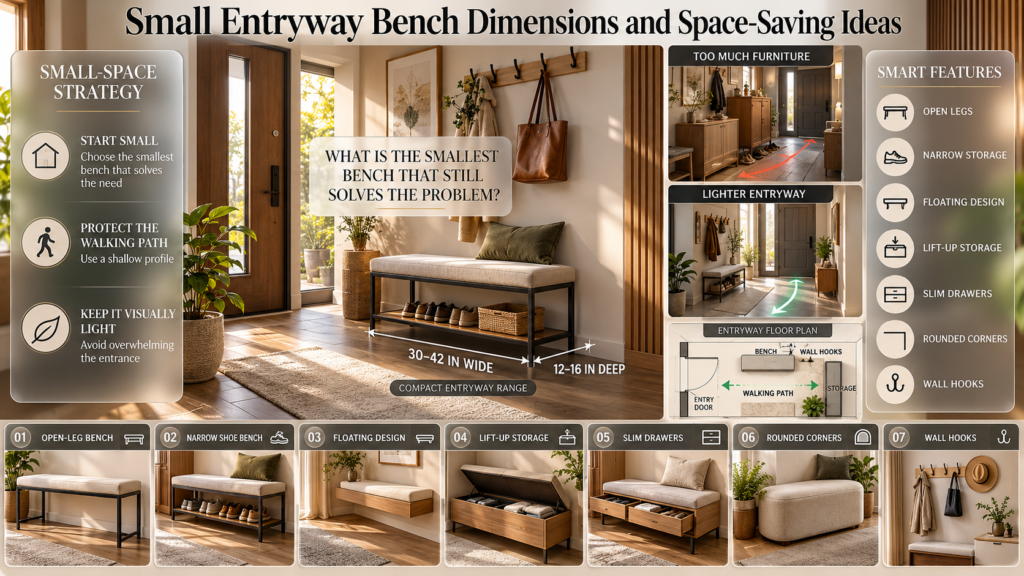 Small entryway bench guide showing 30–42 inch width, 12–16 inch depth, slim storage, hooks, floating designs, and open legs.