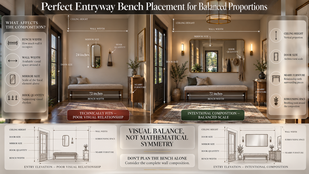Entryway bench placement guide comparing bench width, wall width, mirror size, hooks, ceiling height, door size, and nearby furniture.