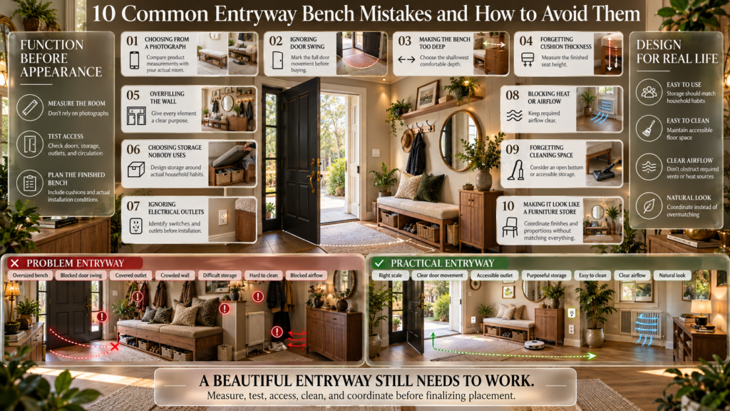 Entryway bench mistakes infographic covering poor scale, door swings, excessive depth, cushion height, storage, outlets, airflow, and cleaning.