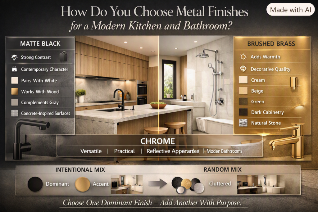 Modern kitchen and bathroom metal finishes featuring matte black, brushed brass, chrome, and coordinated mixed-metal design