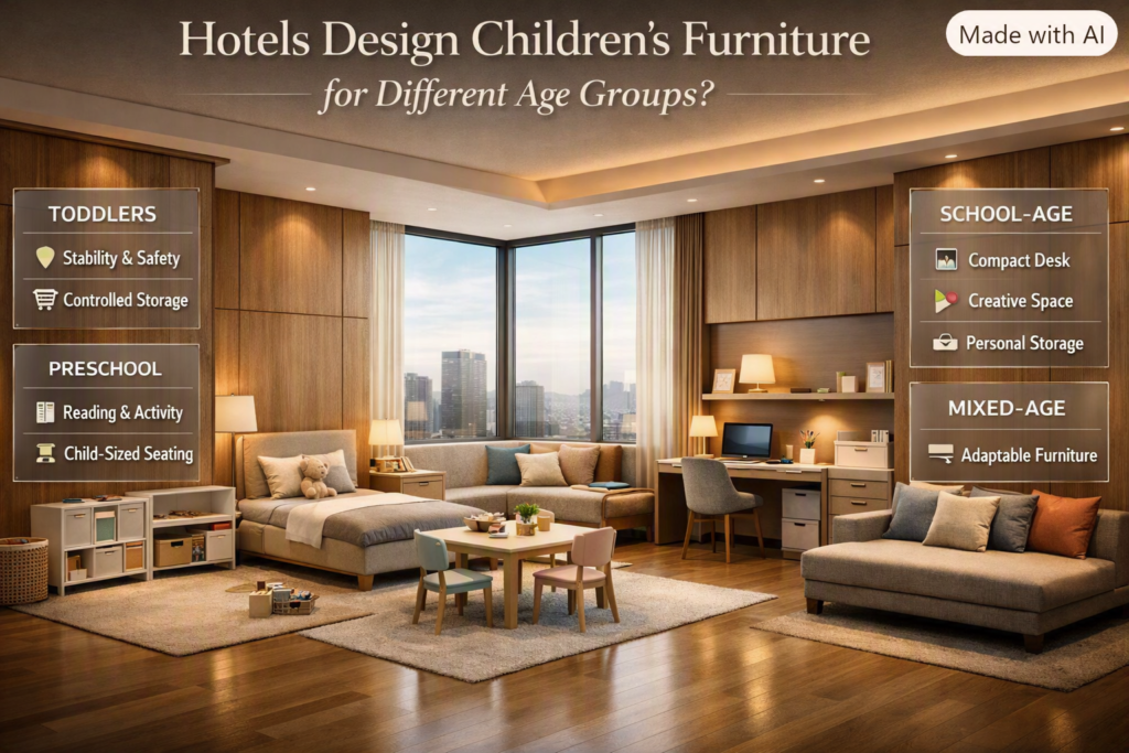 Hotel children's furniture designed for toddlers, preschoolers, school-age children, and mixed-age family rooms.