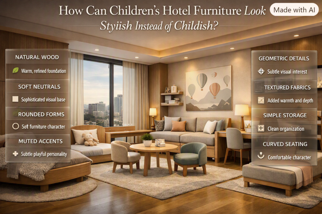 Stylish children's hotel furniture using natural wood, rounded seating, neutral colors, and subtle playful details.