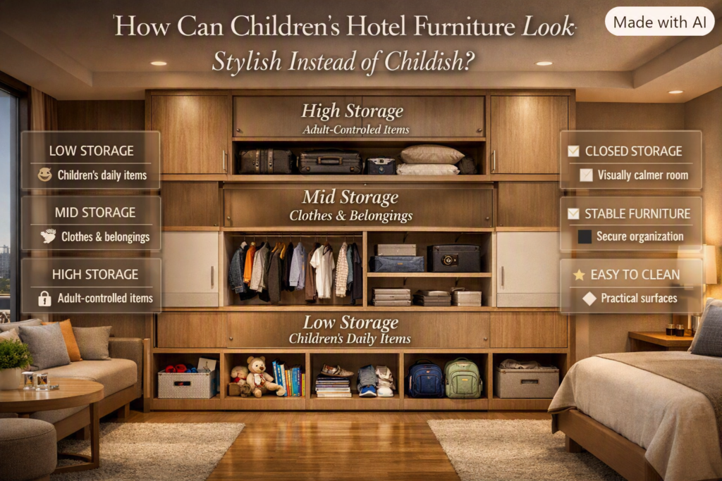 Children's hotel room storage with low, mid, and high storage zones for toys, clothes, books, backpacks, and personal items.