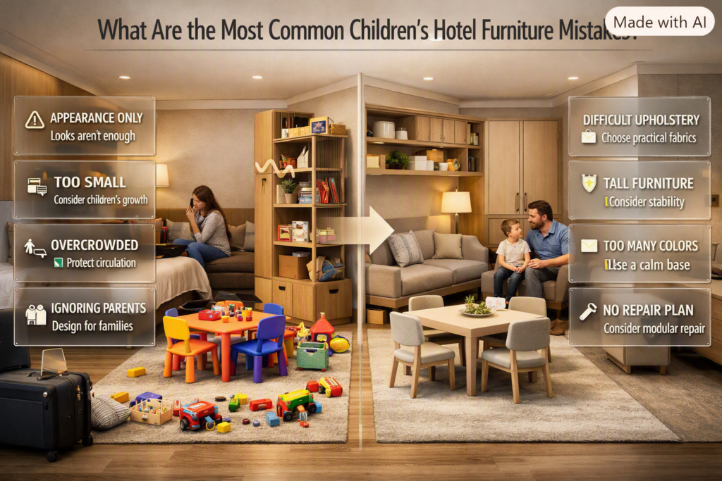 Common children's hotel furniture mistakes including overcrowding, poor stability, difficult upholstery, and excessive bright colors.