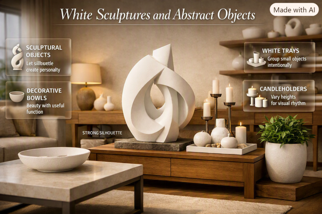 White sculptures, bowls, trays, candleholders, and planters styled together to create elegant, balanced interior decoration.