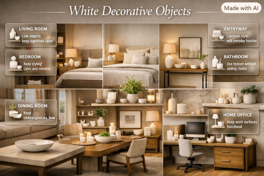 White decorative objects styled across living rooms, bedrooms, dining rooms, entryways, bathrooms, and home offices.