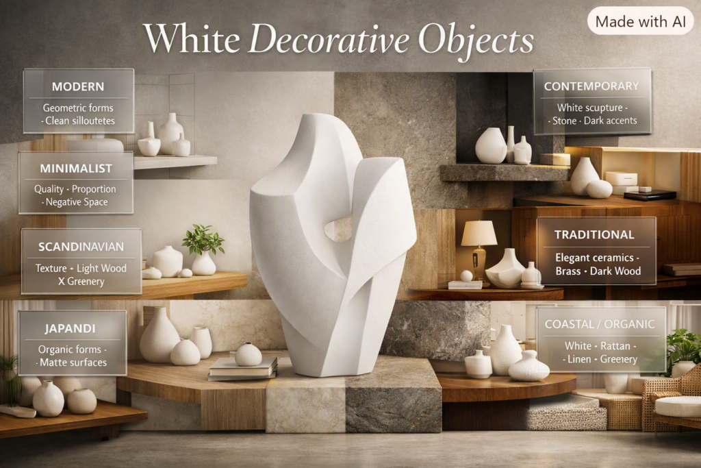 White decorative objects styled across modern, minimalist, Scandinavian, Japandi, traditional, and coastal interiors.