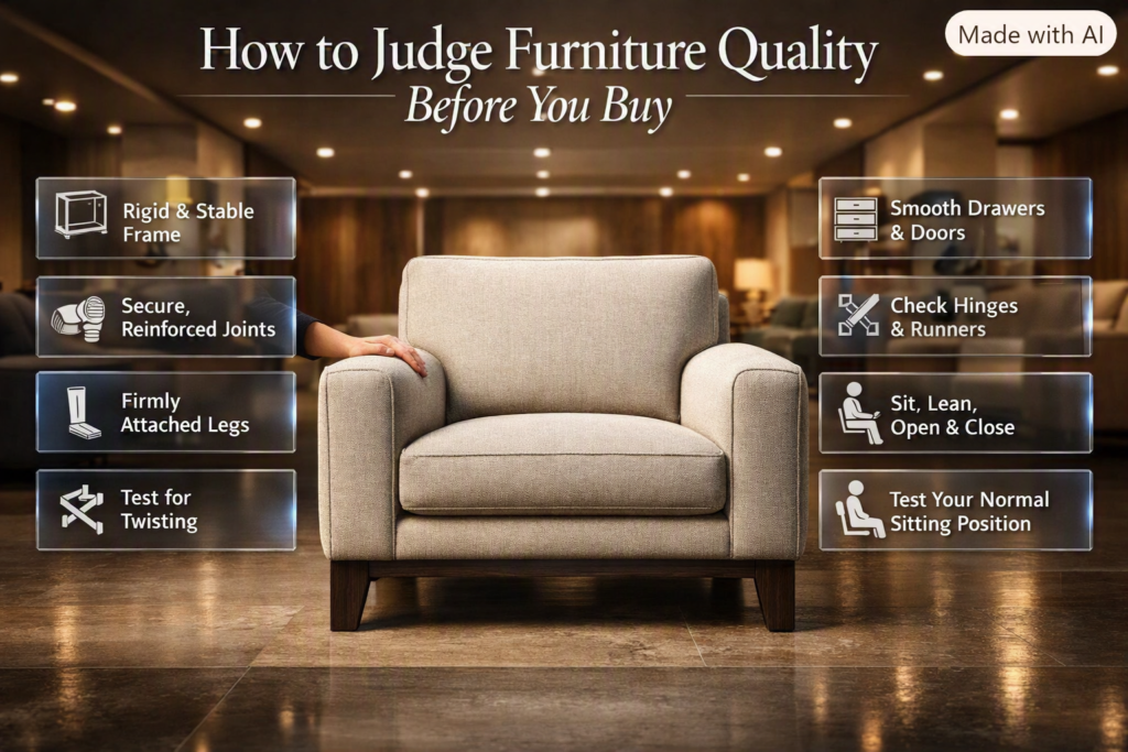 Expert furniture quality checklist showing frame, joints, hardware, stability, upholstery, drawers, doors, and comfort testing.