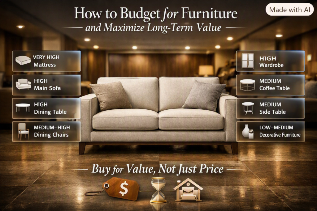Furniture budgeting guide showing spending priorities for mattresses, sofas, dining tables, wardrobes, and decorative pieces.