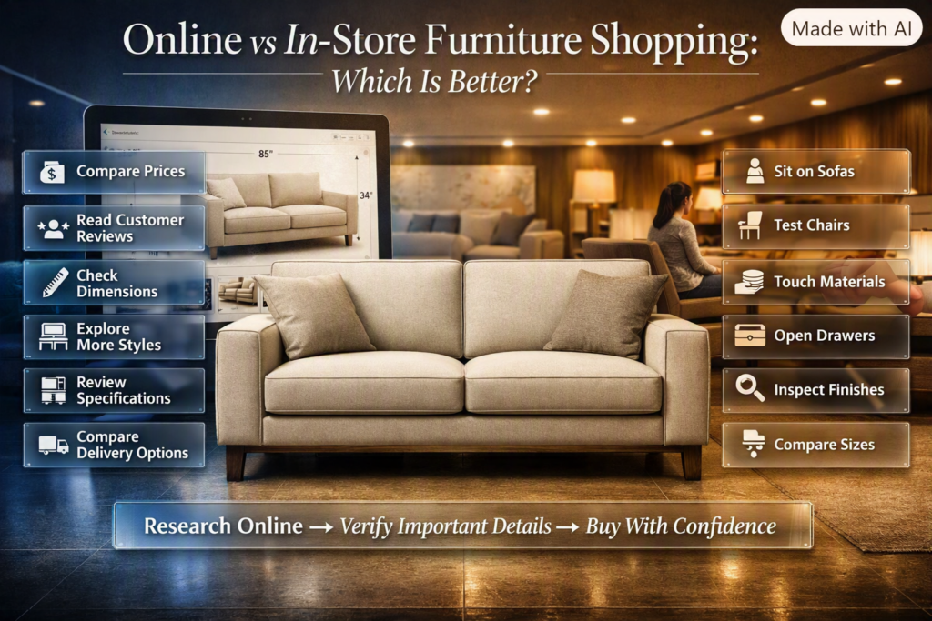 Online vs in-store furniture shopping comparison showing price research, reviews, dimensions, comfort testing, materials, and finishes.