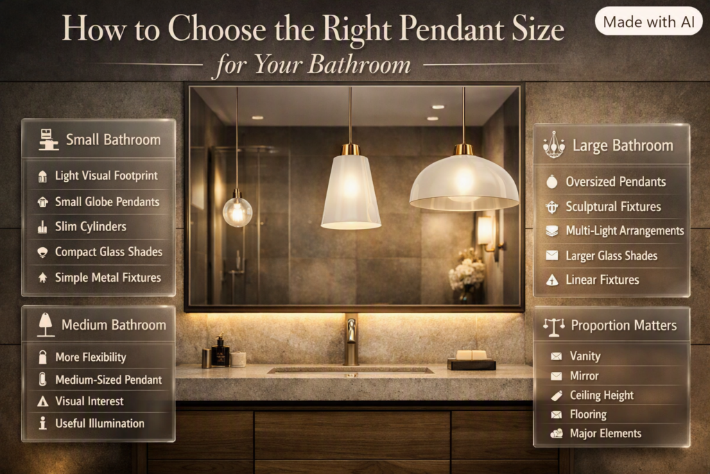 Bathroom pendant size guide showing small, medium and large fixtures matched to room scale, vanity, mirror and ceiling height