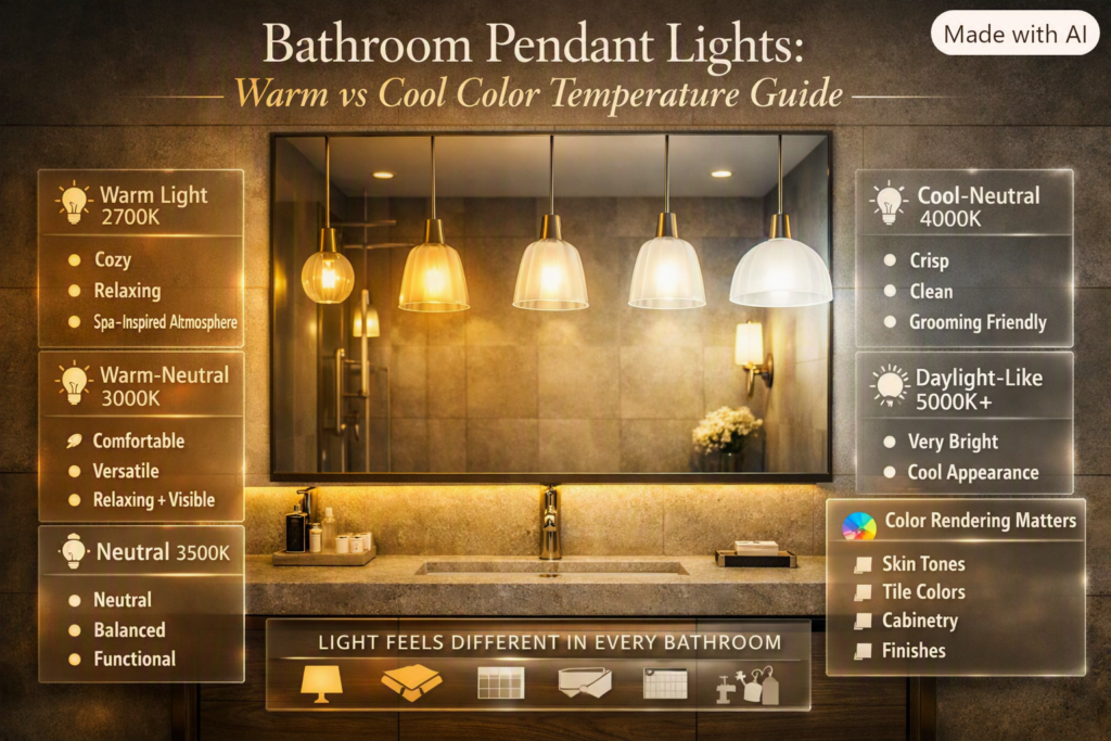 Bathroom pendant lighting comparison showing warm, neutral and cool color temperatures for relaxing and grooming spaces