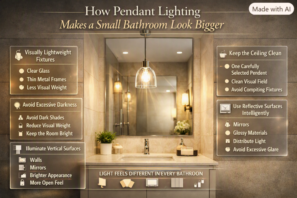 Small bathroom with lightweight pendant lighting, illuminated walls, mirror reflections and a clean ceiling for a more spacious feel
