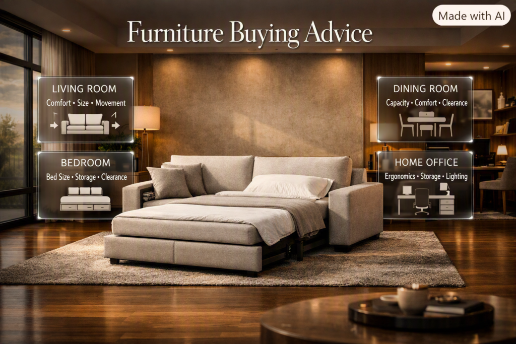 Furniture buying advice infographic showing functional furniture choices for living rooms, bedrooms, dining rooms, and home offices