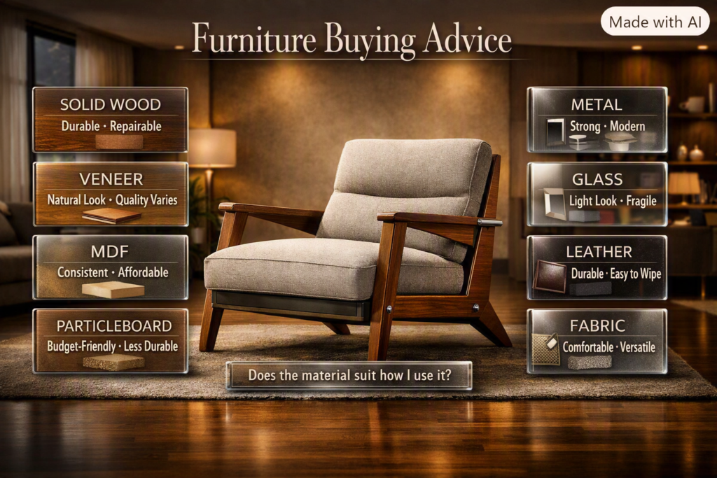 Furniture buying advice infographic comparing wood, metal, glass, leather, fabric, MDF, and particleboard materials