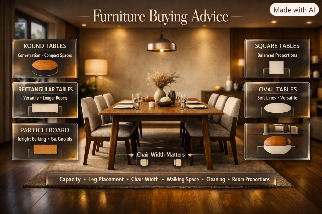 Furniture buying advice infographic showing dining table shapes, seating capacity, chair spacing, walking clearance, and room proportions