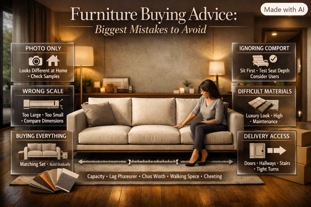 Furniture buying advice infographic showing common furniture-buying mistakes including ignoring scale, comfort, material maintenance, room measurements, and delivery access