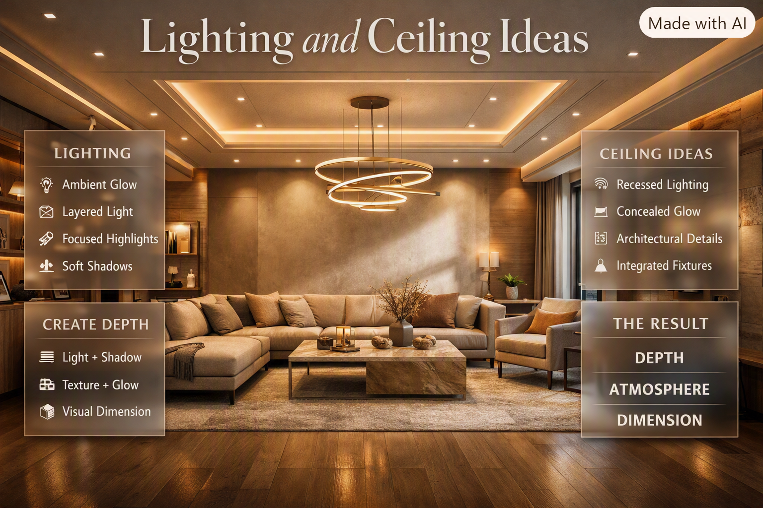 Lighting and ceiling ideas that add depth, atmosphere, and visual dimension to a beautifully designed interior space.Lighting and Ceiling Ideas to Make a Room Feel Complete