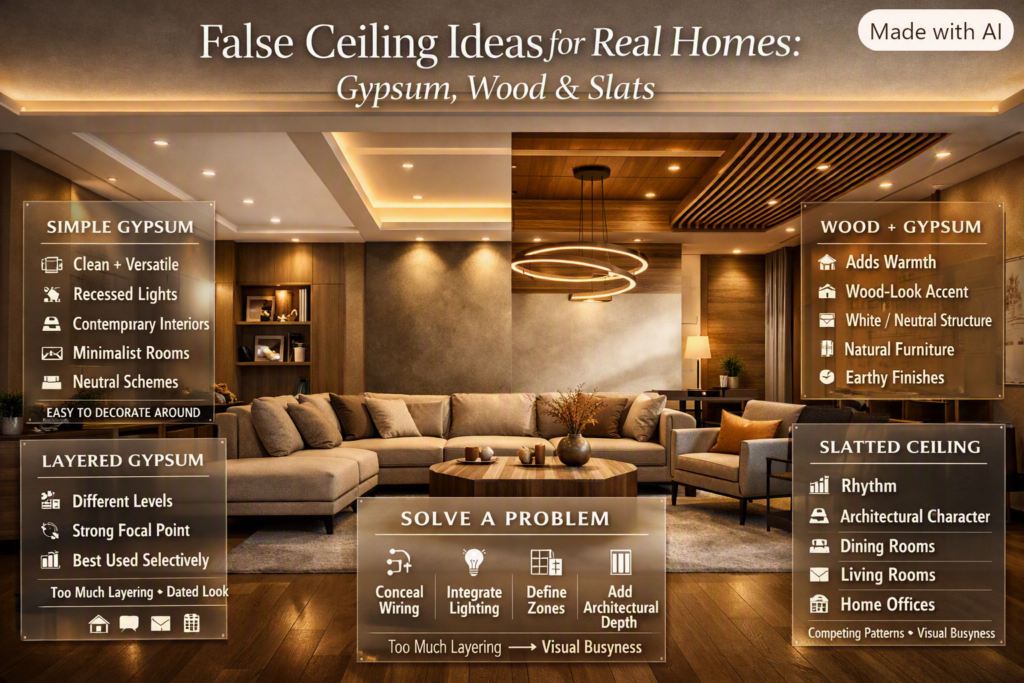 False ceiling ideas for real homes featuring gypsum, layered, wood and slatted ceilings with integrated lighting and architectural depth.