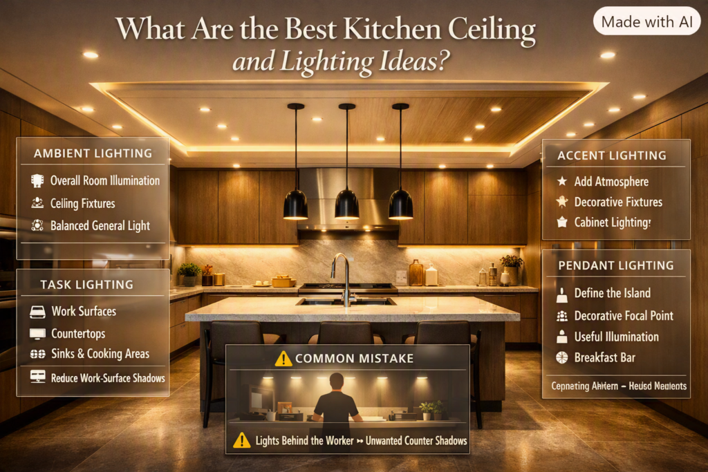 Best kitchen ceiling and lighting ideas with ambient, task, accent, and pendant lighting for brighter, more functional workspaces.