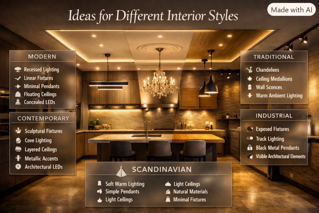 Interior lighting and ceiling ideas for modern, contemporary, traditional, industrial, and Scandinavian design styles.