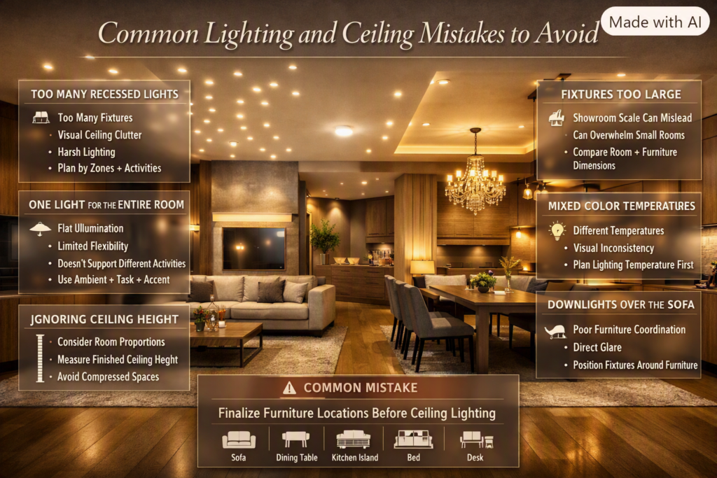 Common lighting and ceiling mistakes including excessive downlights, poor fixture placement, wrong sizes, glare, and inconsistent color temperatures.