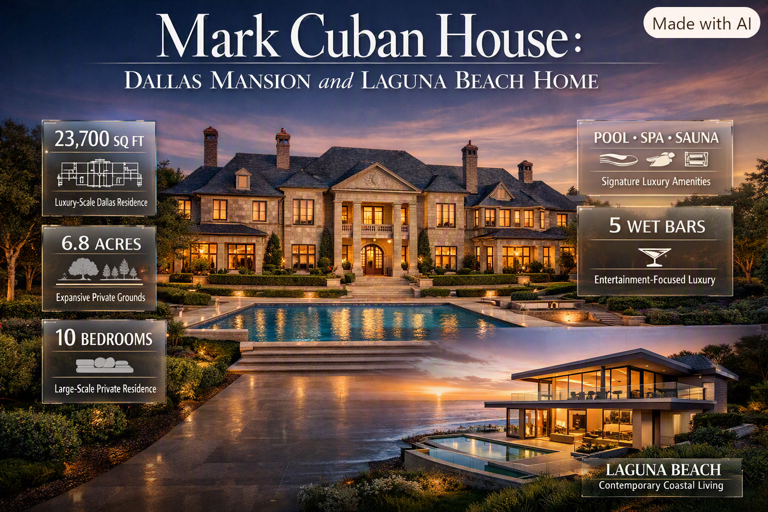 Mark Cuban house featuring his massive Dallas estate, luxury amenities, private grounds, and contrasting Laguna Beach coastal property.Mark Cuban House: Dallas Mansion and Laguna Beach Home