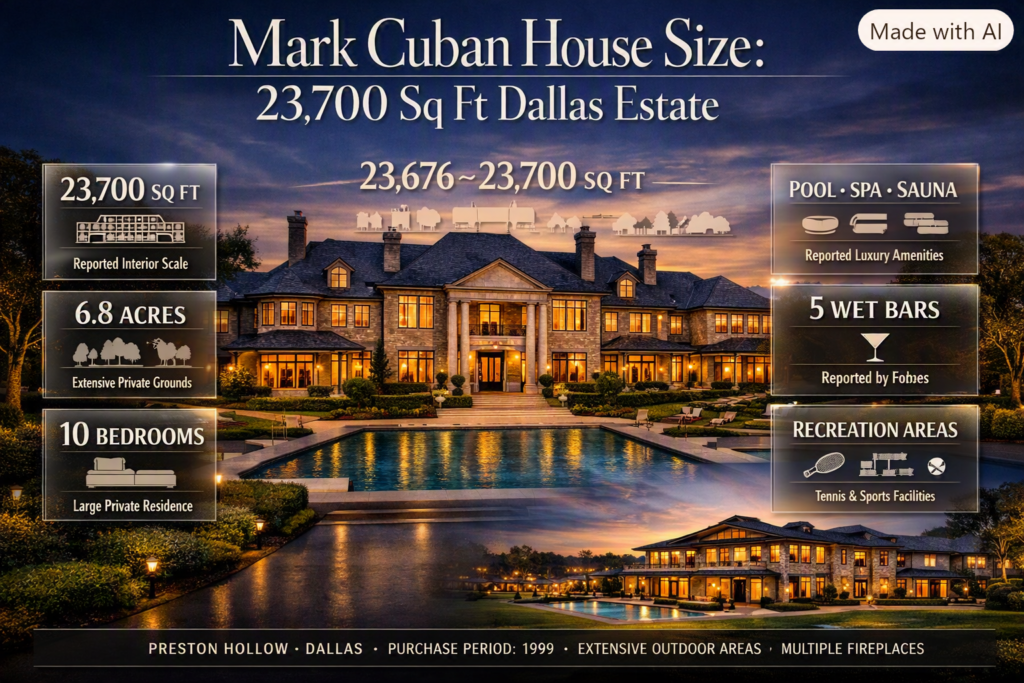 Mark Cuban house showing the massive 23,700-square-foot Dallas estate, 6.8-acre grounds, ten bedrooms, pool and luxury facilities.