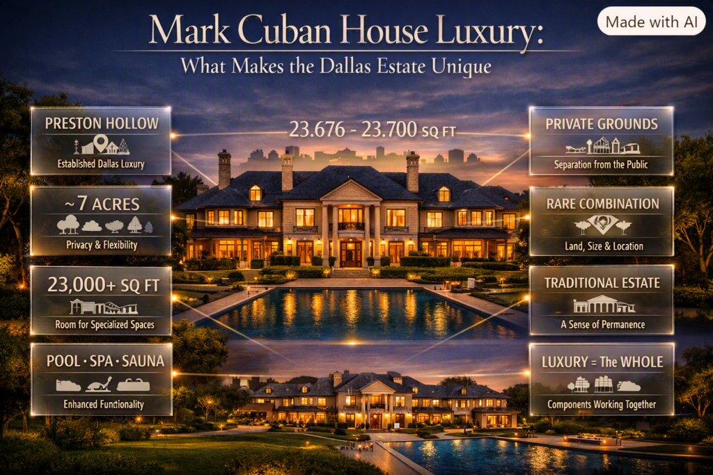 Mark Cuban house luxury estate showing prime location, expansive land, massive scale, privacy, amenities, scarcity, and traditional architecture.