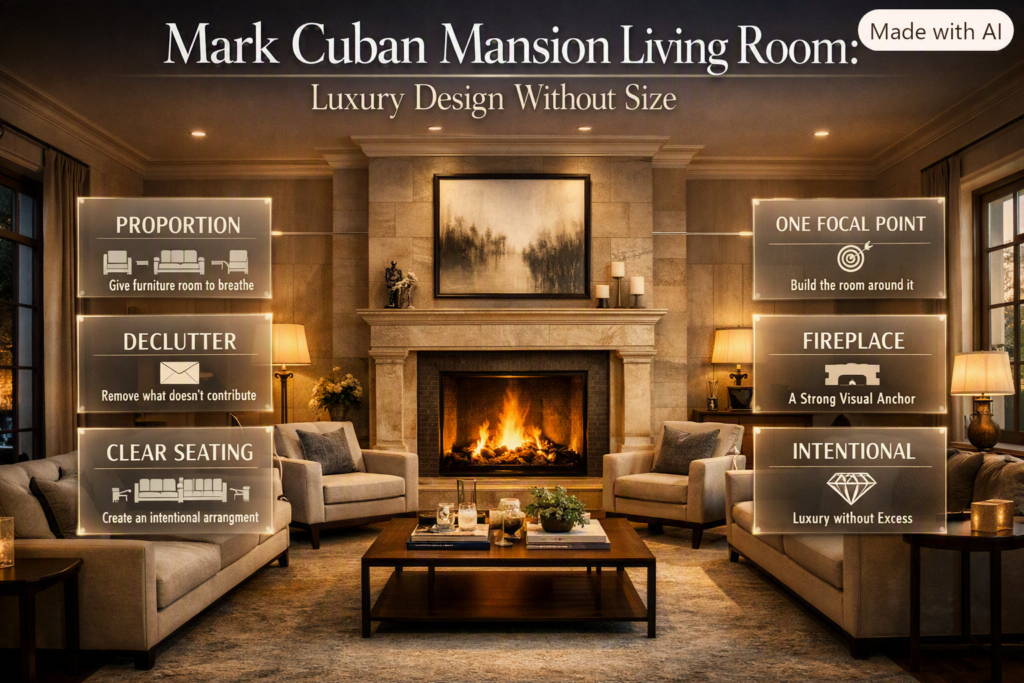 Mark Cuban mansion-inspired living room showing balanced furniture, breathing space, focal-point design, and sophisticated luxury styling.