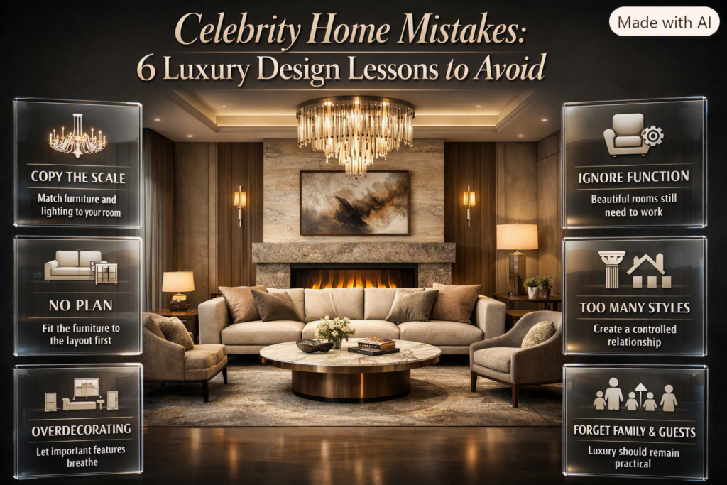 Celebrity home design mistakes showing six common luxury interior errors and practical ways to create balanced, functional spaces.