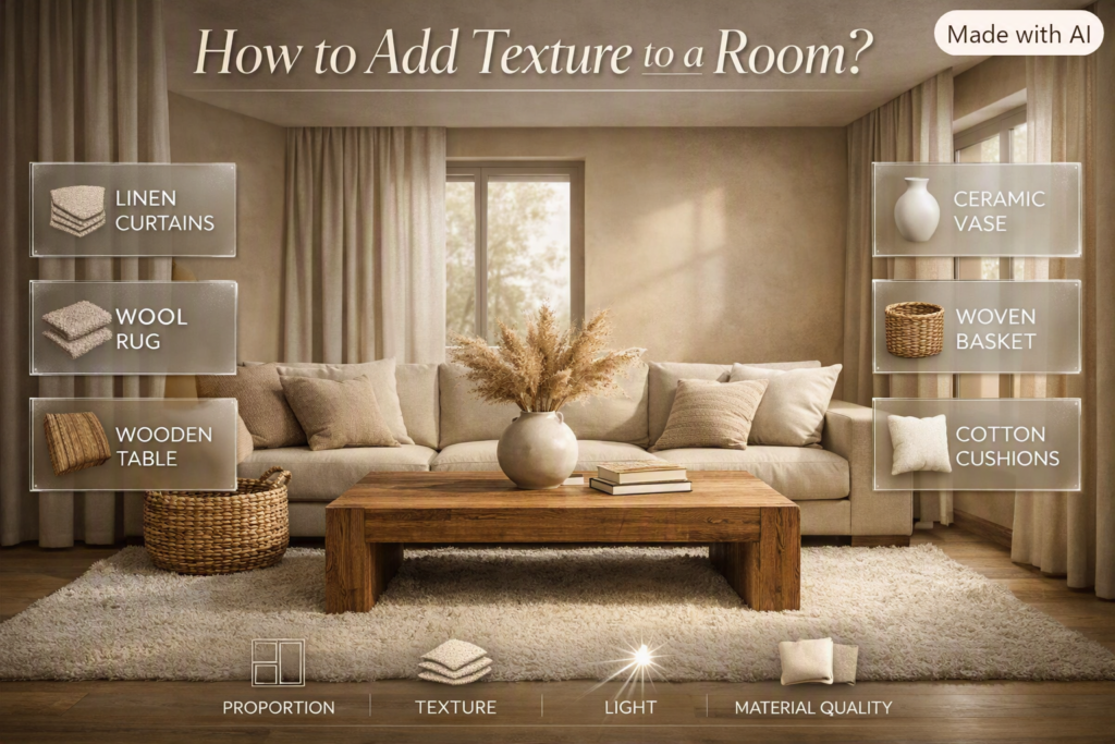Neutral living room layered with linen, wool, wood, ceramic, woven materials, glass, and natural fibers for rich visual texture.