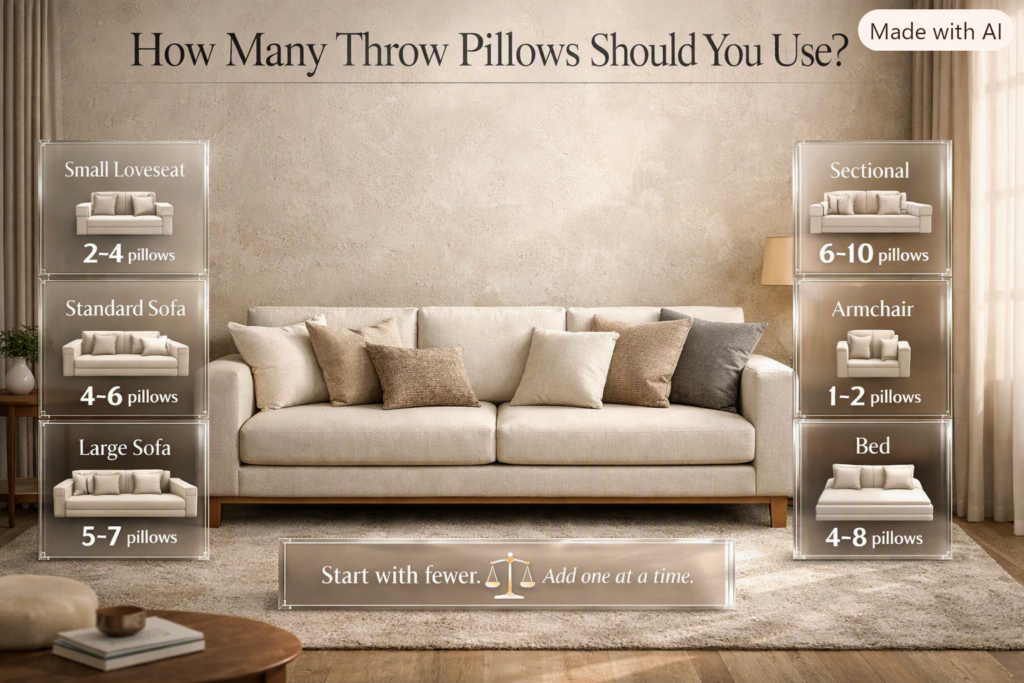 A stylish sofa arranged with layered throw pillows showing ideal pillow quantities for loveseats, sofas, sectionals, and chairs.
