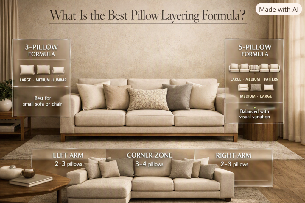 Neutral sofa styled with three and five-pillow layering formulas, plus sectional pillow zones for a balanced designer-inspired arrangement.