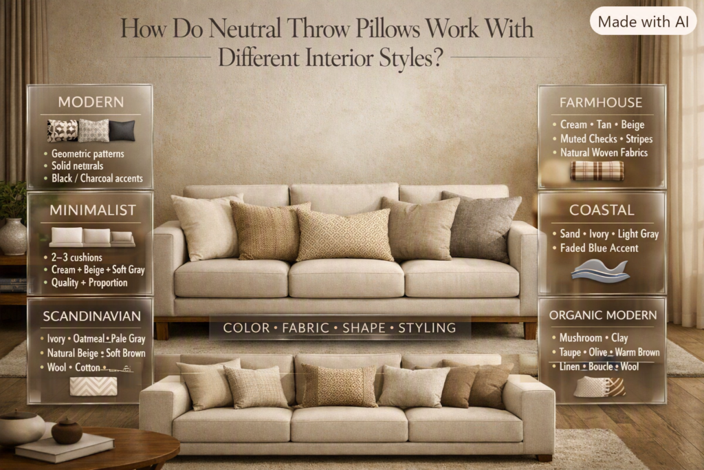 Neutral throw pillows styled across modern, minimalist, Scandinavian, farmhouse, coastal, and organic modern interiors.