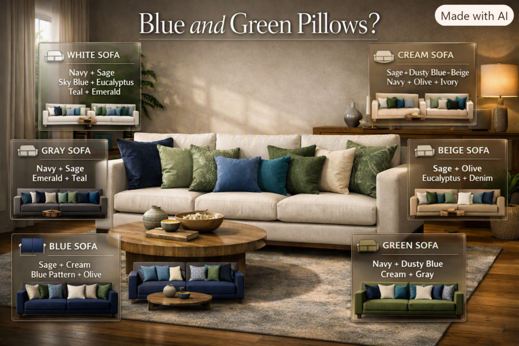 Blue and green pillows styled on white, cream, gray, beige, blue, and green sofas to demonstrate coordinated interior color combinations.