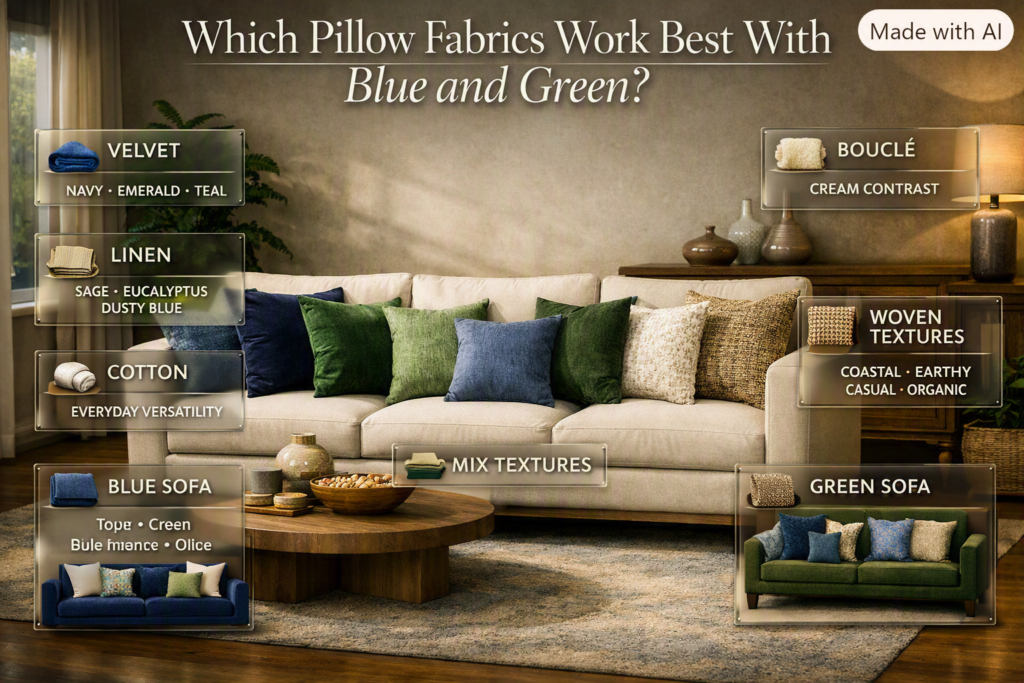 Blue and green pillows in velvet, linen, cotton, bouclé, and woven fabrics styled on an elegant modern sofa.