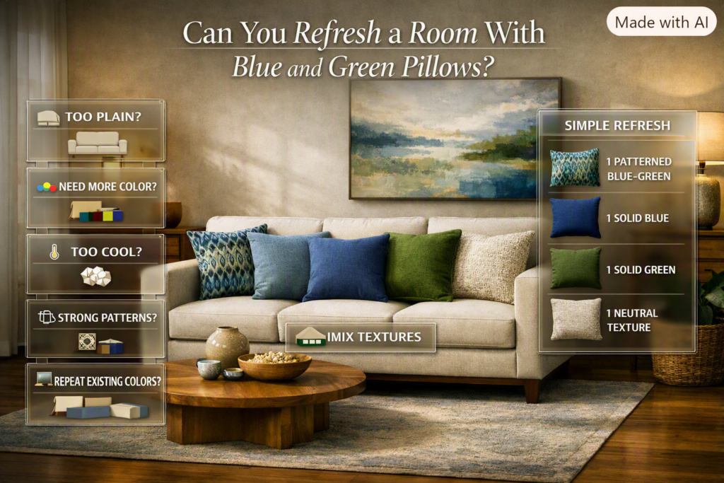 Blue and green pillows refresh a neutral living room with layered colors, patterns, textures, and a simple four-pillow arrangement.