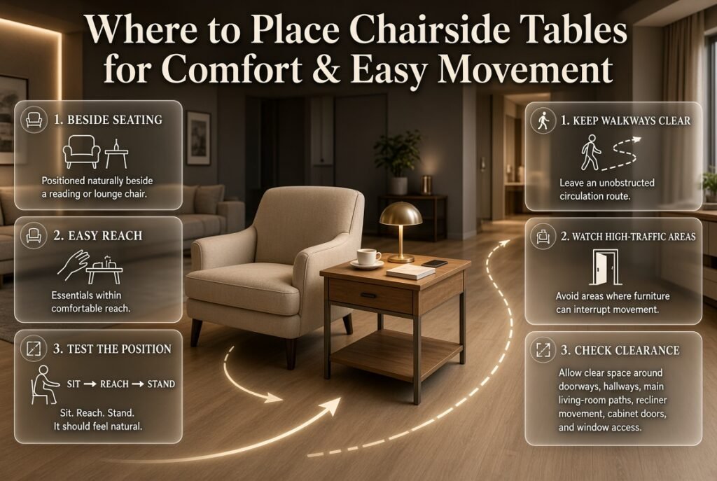 Chairside table positioned beside an armchair with clear walking space, easy reach, and unobstructed room circulation
