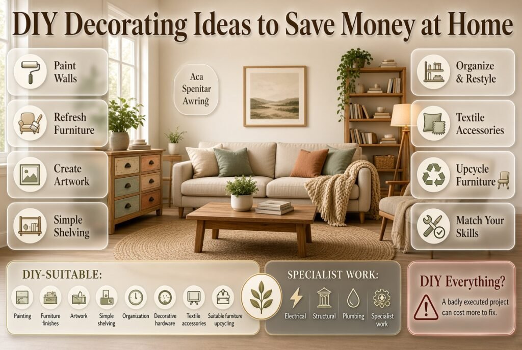 DIY decorating ideas for saving money with painting, furniture upcycling, artwork, shelving, organization, and textile projects