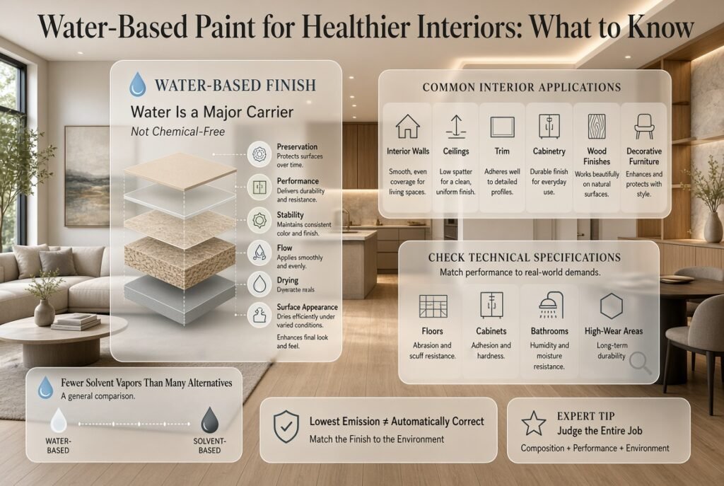 Water-based paint guide showing interior walls, ceilings, trim, cabinetry, wood finishes, additives, and high-wear applications.