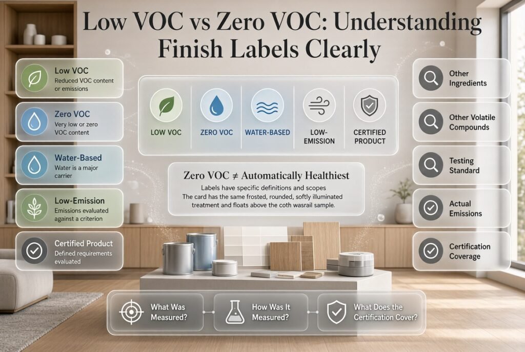 Low VOC vs zero VOC comparison showing product labels, emissions, water-based finishes, testing standards, and certifications.