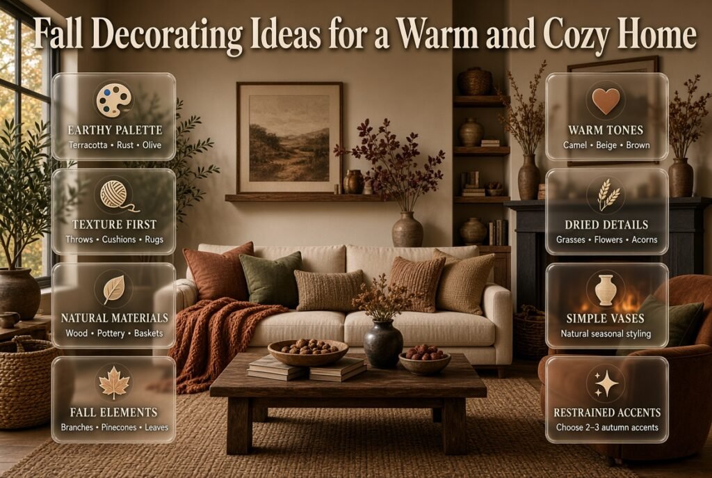 Fall decorating ideas featuring warm earthy colors, layered textures, natural elements, and cozy seasonal home decor